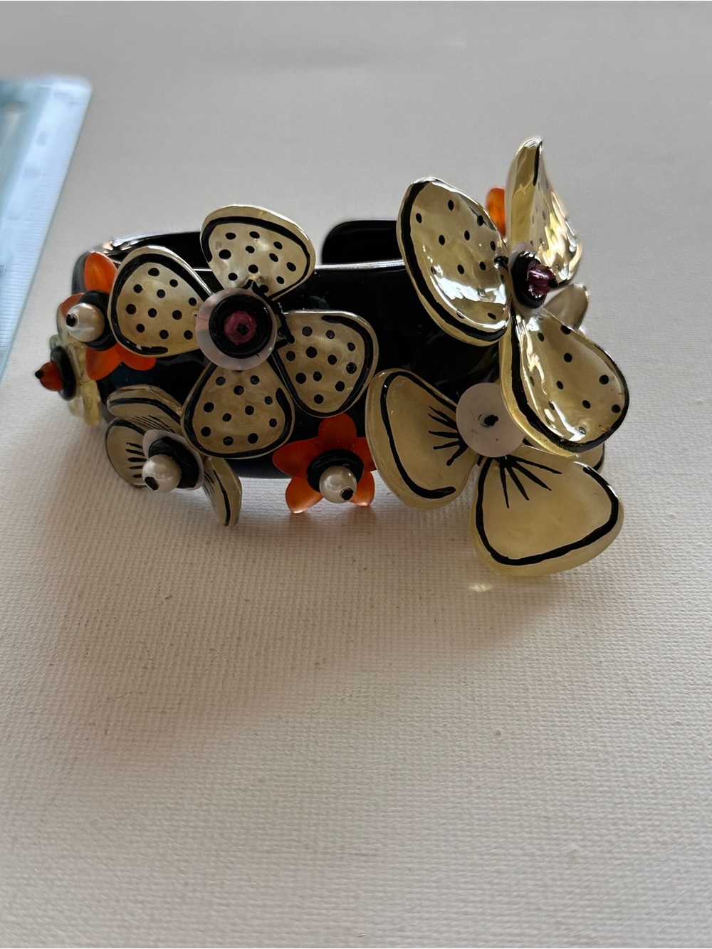 Black Floral Enamel Cuff Bracelet with Cream & Orange Accents